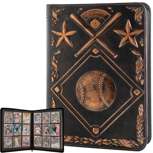 Baseball Card Binder - Stunning 3D Raised & Hand Colorwashed PU Leather Binder - 9 Pocket Album w Zipper - 360 Side Loading Sleeves Book for Baseball Trading Cards - Works with Topps, Bowman, Panini.. - color: Iconic Design