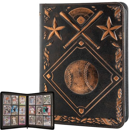 Baseball Card Binder - Stunning 3D Raised & Hand Colorwashed PU Leather Binder - 9 Pocket Album w Zipper - 360 Side Loading Sleeves Book for Baseball Trading Cards - Works with Topps, Bowman, Panini.. - color: Iconic Design