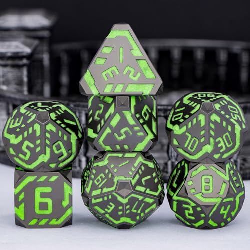 Metal DND Sci-fi Dice Set 7PCS Luminous Green Stripe Polyhedral Dice for Dungeons Dragons RPG Role Playing Game, Glitter D and D Dice with Gift Box D6 D8 D10 D12 D20 - color: Nightlight - Green
