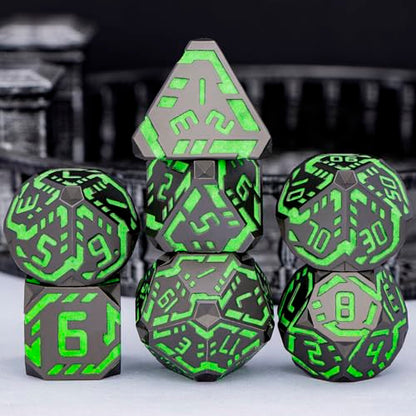Metal DND Sci-fi Dice Set 7PCS Luminous Green Stripe Polyhedral Dice for Dungeons Dragons RPG Role Playing Game, Glitter D and D Dice with Gift Box D6 D8 D10 D12 D20 - color: Nightlight - Green
