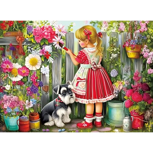 500 Pieces Puzzle for Adults, Beautiful Girl Jigsaw Puzzle, Cute Dog Garden Flowers Puzzle for Kids Adults Seniors, Recycled Cardboard Puzzle with Letters on Back, Fun Family Game Birthday Party Gift - color: Beautiful Girl