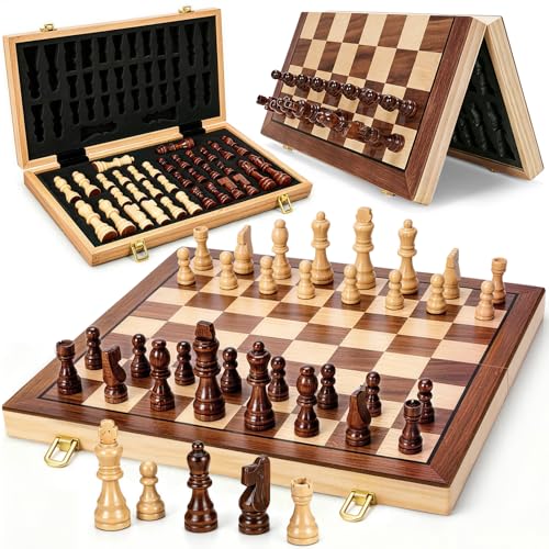 Magnetic Wooden Chess Set for Adults Kids, 15" Folding Chess Boards with 2 Extra Queens, Portable Travel Chess Sets with Pieces Storage Slots, Beginner Chess Game Set for Kids, Adults - style: Magnetic Chess Set