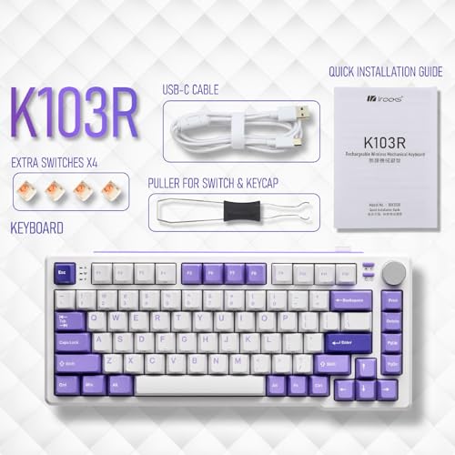 iRocks K103R Wireless Rechargeable RGB 75% Mechanical Gaming Keyboard, Hot Swappable Pre-lubed Switches, 81 PBT Keys, Gasket Mount, USB-C Detachable Cable (Lavender Purple, Bubble Switch) - color: Lavender Purple, size: Bubble Switch