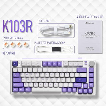 iRocks K103R Wireless Rechargeable RGB 75% Mechanical Gaming Keyboard, Hot Swappable Pre-lubed Switches, 81 PBT Keys, Gasket Mount, USB-C Detachable Cable (Lavender Purple, Bubble Switch) - color: Lavender Purple, size: Bubble Switch