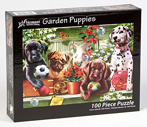 Garden Puppies Jigsaw Puzzle 100 Piece by Vermont Christmas Company - Large, Interlocking Pieces - Unique, Randomly Shaped Pieces - Perfect for Kids and Seniors