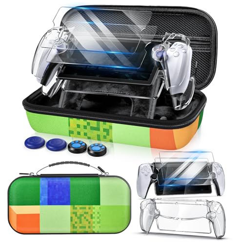Auarte 12 in 1 Accessories Set for Playstation Portal Remote Player | Hard Carrying Case for PS Portal with Clear Skin Case for PS5 Portal, 2 Screen Protector with 4 Thumb Grip - color: Green World