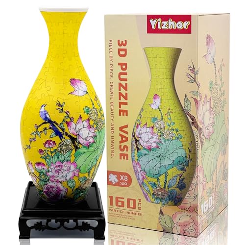 3D Puzzle Vase for Adults, 160-Piece DIY Flower Vase Puzzle | Curved plastic DIY craft kit, unique flower vase for flower arrangements, housewarming gifts and home decor - color: Yellow Lotus