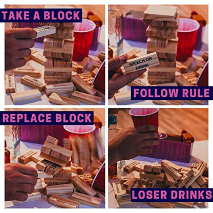 Drinking Game - 21+ Ultimate Pregame Drink Tower for Parties - Adult Party Game with 54 Blocks | Funny Drunk Game for Game Night, Bachelorettes, Couples and 21st Birthday Gift