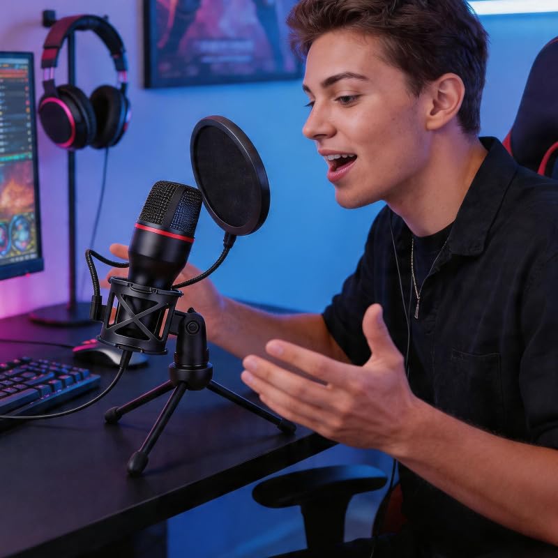 USB Microphone with USB and 3.5mm Interface, Plug and Play Mic with RGB Light and Tripod for Streaming, Gaming, Recording, and Podcast on Desktop Laptop