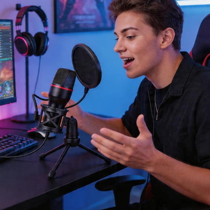 USB Microphone with USB and 3.5mm Interface, Plug and Play Mic with RGB Light and Tripod for Streaming, Gaming, Recording, and Podcast on Desktop Laptop