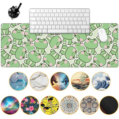 Kawaii Frog Gaming Mouse Pad,Green Cute Desk Mat,31.5""X15.7"" Large Desk Pad with Stitched Edge Non-Slip Base Keyboard Big Mouse Pad for Office Home Work Gaming, WDQ-D09 - color: Cartoon Cute Frog