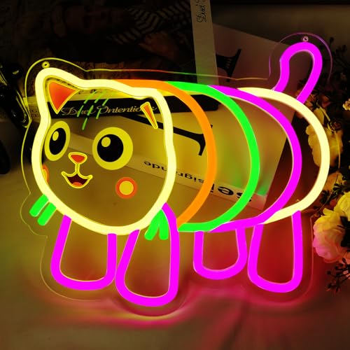 Rainbow Cat Neon Sign Cute LED Light Up Gaby Cat Neon Light for Wall Decor, Dimmable Neon Sign for Kids Bedroom Game Room Party Decoration Birthday Gift for Girls - color: Colorful,Yuanzhumao