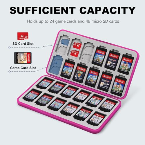 FYY Nintendo Switch Game Case Holder for Switch 2 Cartridge, Magenta | 24 Game Card Slots & 48 Micro SD Card Slots, Hard Shell, Silicone Lining - color: B-Magenta