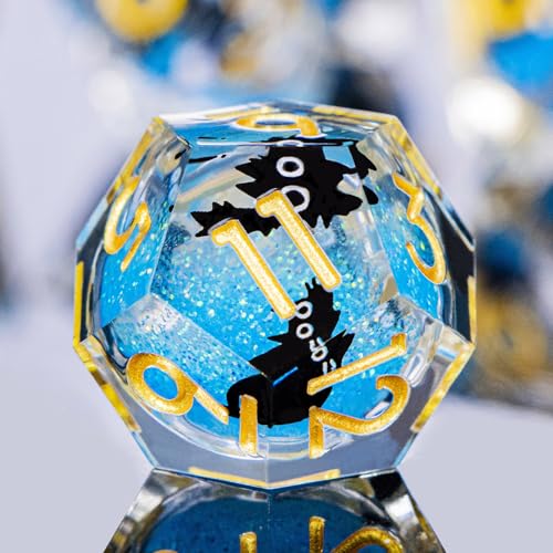 DND Cat Dice Set Blue Sharp Edge Dice with Box, RPG D and D Dice Dungeons Dragons Role Playing Game Polyhedral Resin Dice Set D20 D12 D10 D8 D6 D4 - color: Golden Blue