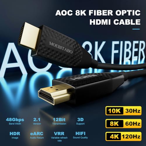 8K Long Fiber Optic Hdmi cable in-Wall CL3 Rated 48Gbps 50ft Certified Ultra High speed HDMI 2.1 Cord 8K@60Hz 4K@120Hz 10K@30Hz HDCP 2.2&2.3, eARC HDR10 Dolby Compatible with PS5/TV/PC/Switch/Mac/Xbox - size: 50FT