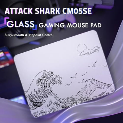 Attack Shark CM05SE Glass Gaming Mousepad,Nano-Micro-Etched Texture,Smooth Glass Surface,High Accuracy,Fast-Moving,Anti-Scratch, PU Leather Super Non-Slip Base,Small Size(16.1×12.2"),White Waves - color: White waves, size: 16.1L x 12.2W inches