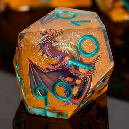 Double Layered Resin Dice Set 7pcs Dragon Pattern& Blue umbers Sharp Edged Polyhedral Dice Apply to D&D DNDRole Playing Game RPG Party Gift - color: Dragon Yellow