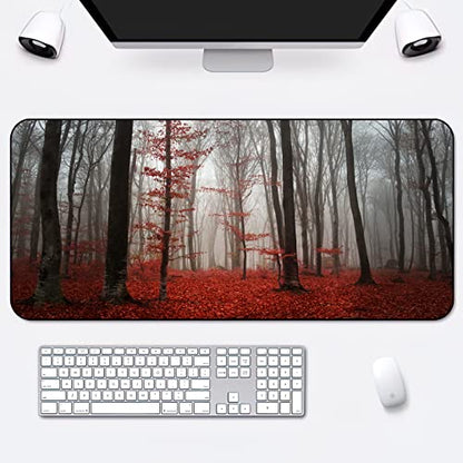 Desk Mat,Beautiful Autumn Foggy Forest Gaming Mouse Pad,XXL Extended Mouse Pad Mat for Office,Computer,Keyboard with Non-Slip Base Stitched Eges Mousepad 35''×15.7''×0.12'' - color: Beautiful Autumn Foggy Forest