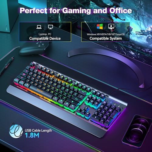 TECKNET Wired Gaming Keyboard, Whisper Quiet Switches,15-Zone RGB Illumination, IP32 Water Resistance, Silent Keyboard Quiet Typing, USB-A Wired Keyboard for Office/Gaming