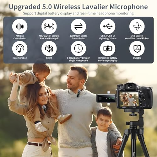 Microphone for iPhone & Android, Wireless Mini Microphone | Battery Display, Clear Voice, Noise Cancelling, 3 in 1 Lavalier Mic for TikTok, YouTube & Interviews, Dual Mic - style: USB-C+Lightning+USB-A+3.5mm Jack