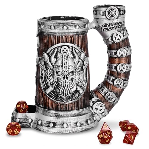 Dice Tower Mug, Dice Rolling Tower, Comes With 7 PCS Dice Set, Suitable for Dnd Dungeons And Dragons, Tabletop Games, Available As Drink Holder, D&D Gifts, Dnd Accessories (Silver-brown skull) - color: Silver-brown Skull