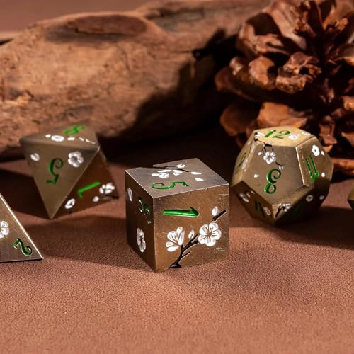 UDIXI Metal DND Dice Set, 7PCS Metal Polyhedral Dice Set Bronze for D&D RPG | White Flower, Metal Case Packaging, Heavy Metal Dice, D&D Gift, for Dungeons and Dragons Role Playing Games Tabletop Games - color: Flower/Bronzegreen