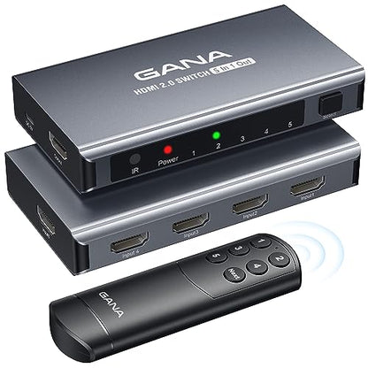 HDMI Switch 5 in 1 Out 4K@60Hz, GANA HDMI Splitter Switcher with Remote, Aluminum HDMI 2.0 Switch Box Hub for 3D, HDCP2.2, HDR, Compatible with Xbox, PS5/4/3,Fire Stick,Roku,Blu-Ray Player, Grey - color: Gray