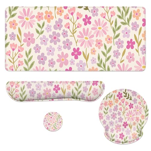 Flowers Mouse Pad Set Pastel Pink Purple Spring Gaming Mousepad 4in1 Desk Mat for Desktop Anti-Slip XXL Big Computer Ergonomic Mousepad with Wrist Support for Keyboard and Mouse - color: Flowers, size: 35.4L x 15.7W inches