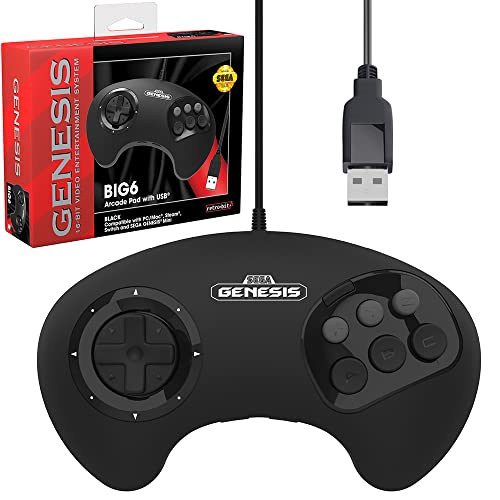 Retro-Bit BIG6 USB 8-Button Arcade Controller Pad for Sega Genesis Mini, Switch, PC, Mac, Steam, RetroPie, Raspberry Pi - USB Port - Black