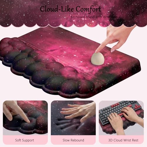 Computer Keyboard Stand Pad with Wrist Rest Dark Pink Cloud Keyboard Pad Support with Comfortable Black Galaxy Stars Wrist Pad Cute Girl Ergonomic Tilted Keyboard Riser Holder for Desktop Office Home - color: Cloud Black Pink