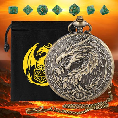 Mini DND Dice Set with Steampunk Dragon Large Pocket Watch Shell Case, 7-Piece Polyhedral Acrylic D&D Dice, DND Gift Bag with Dragon Logo, Role Play Board Game Accessories, Bronze + Green - color: Bronze + Green
