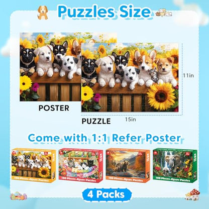 4-Pack 100 Piece Puzzles Dogs Cats Bears Elephants Puzzle for Kids | Jigsaw Puzzle for Adults Seniors Children Learning Educational Puzzles Toys Birthday Gifts for Girls Boys Ages 4-8 8-10 - style: Dogs Cats Bears Elephants