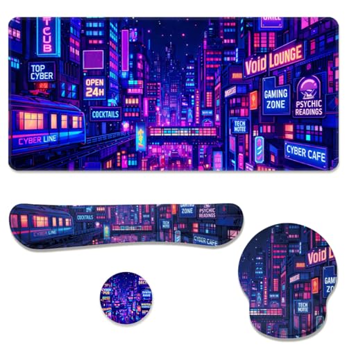 Cyber City Desk Mat Set Neon Gaming Night Large Mouse Pad with Wrist Rest 4-in-1 Desk Mat for Desktop Ergonomic Computer Desk Arm Wrist Anti-Slip Computer Ergonomic Mouse Pad Home Office Gaming - color: Cyber City, size: 34.5" x 15.7"