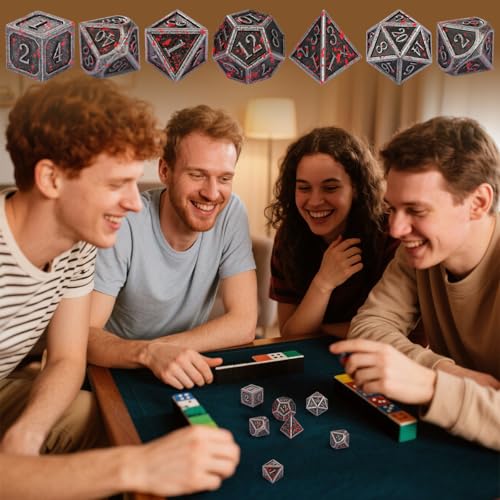 Metal Dice Set, 7pcs Polyhedral Metal DND Dice Set, DND Starter Set, D&D Gifts with Gift Bag, Role Playing Board Games Accessories, Bloodstained Silver - color: Bloodstained Silver + Gift Bag