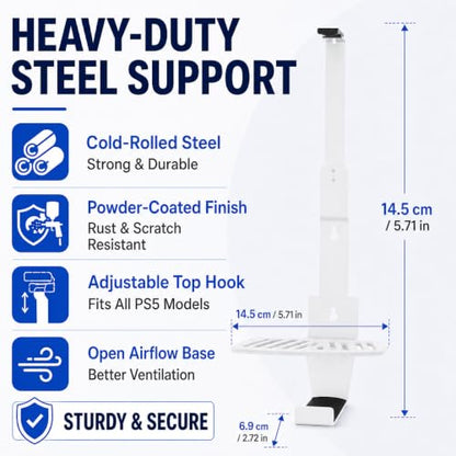 Heavy-Duty Steel Wall Mount Kit Compatible with PS5 Slim, Pro and Original | Secure EVA-padded support, complete install kit, easy setup, open airflow, holders for 2 controllers and headset - color: White