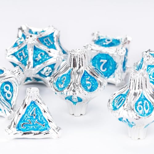 7PCS Metal Dice Set D&D Silver Metal DND Dice for RPG Board Games | Leather Storage Bag, DM Gift, for Dungeons and Dragons Role Playing Games - color: Metal Tree-silverblue