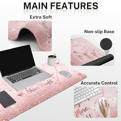 Britimes Pink Glitter Marble Keyboard Mouse Pad Set Bow Inspirational 4in1 Large Mousepad+Keyboard Wrist Rest+Mouse Wrist Rest+Coaster Ergonomic Design for Home Office Computer 35.4x15.7 inches - color: Pink Glitter Marble