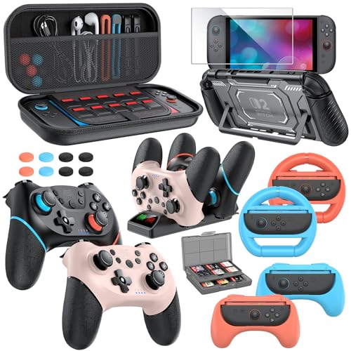Switch 2 Pro Controller Accessories Bundle for Nintendo Switch 2 Black&Pink | 21in1 Wireless Controllers,Carry Case,Controller Charger Dock,Grips for JoyCon,Steering Wheels for Mario Kart,Protective Case - color: Black & Pink Controller