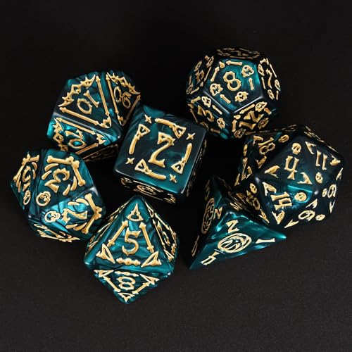 7-Die DND Dice Set Scary Pattern Polyhedral Dice Set with Leather Bag, Skull Dice D&D Dice Set for RPG Table Games.(Scary Pattern-Green) - color: Halloween Pattern-green