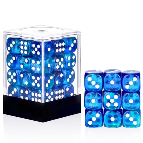 36 Pieces 12mm 6 Sided Mini Dice Set,Two Colours Glitter D6 Game Dice Set,6 Sided Standard Game Dice for Board Games Dice Games Classroom Teaching Dices Game,with Portable Gaming Box(Blue & Green) - color: D6-blue & Green Glitter