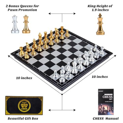 AMEROUS 10'' Magetic Travel Chess Set, Plastic Portable Folding Chess Board Game with Gold and Silver Chess Pieces - 2 Extra Queens - Chess for Beginner, Kids, Adults