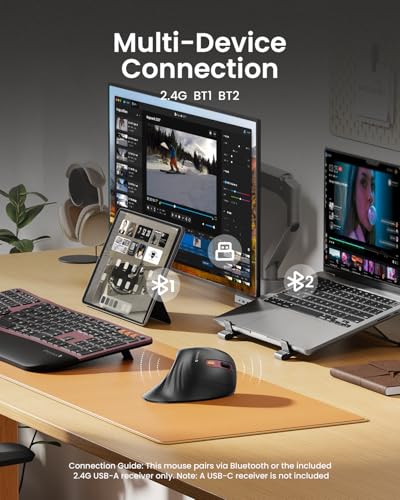 ProtoArc EM11 NL Wireless Ergonomic Vertical Mouse, Rechargeable, Wine Red | 58° vertical design supports a natural wrist posture, connect 3 devices via Bluetooth/2.4G USB-A, 500mAh USB-C rechargeable. - color: Wine Red