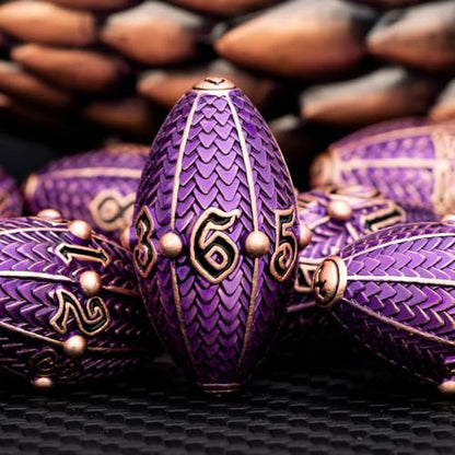 ARUOHHA DND Metal Dice Copper Purple Dragon Egg Dice with Rotating Dragon Egg Shell, Role Playing Game RPG Polyhedral D and D Dice Set D20 D12 D10 D8 D6 D4 - color: Copper Purple