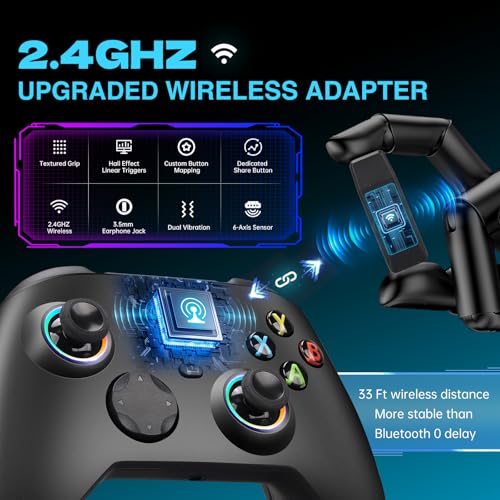 Wireless Controller with 7 Colors RGB Light Compatible With Xbox Series X|S/Xbox Controller/Steam PC Windows, Programmable/Turbo/Dual Vibration/800mAh Battery, with 3.5mm Audio Jack, 2.4GHZ Adapter