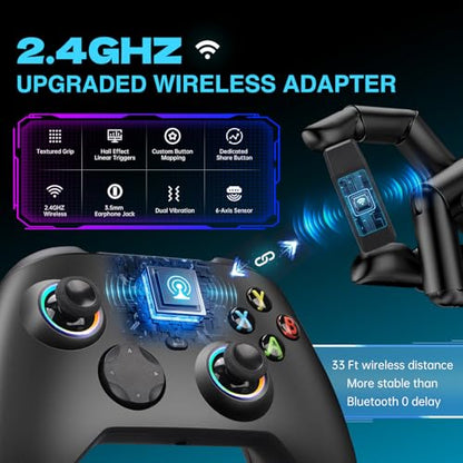 Wireless Controller with 7 Colors RGB Light Compatible With Xbox Series X|S/Xbox Controller/Steam PC Windows, Programmable/Turbo/Dual Vibration/800mAh Battery, with 3.5mm Audio Jack, 2.4GHZ Adapter