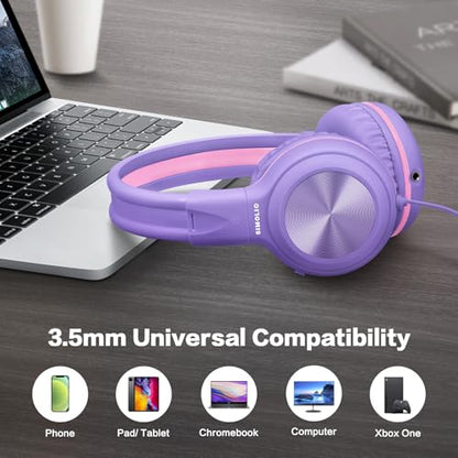 SIMOLIO Manyshare Series- Wired Headphones for Kids, Girls School Headphone with Microphone & Share Port & Volume Limit, Foldable Durable Over Ear Headsets for Tablet Travel Airplane Teens (Purple) - color: Lavender 3.5mm