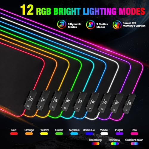 Gimars Large RGB Gaming Mouse Pad, Desk Pad with 12 LED Lighting Modes, Premium Micro-Weave Cloth, 5mm Thickened Mat, Keyboard and Mousepad for Desk, Gaming, Office - color: Black-RGB