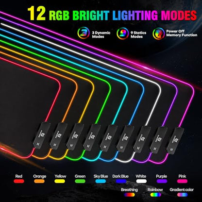 Gimars Large RGB Gaming Mouse Pad, Desk Pad with 12 LED Lighting Modes, Premium Micro-Weave Cloth, 5mm Thickened Mat, Keyboard and Mousepad for Desk, Gaming, Office - color: Black-RGB