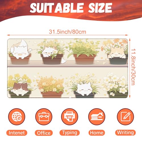 Desk Pad, Cute Cat Potted Plant Desk Mat, Anime Kawaii Cat Large Gaming Mouse Pad for Desk, 31.5"x15.7" Extended Big Computer Keyboard Mouse Pad with Non-Slip Base and Stitched Edge - color: Cute Cat Potted Plant