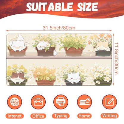 Desk Pad, Cute Cat Potted Plant Desk Mat, Anime Kawaii Cat Large Gaming Mouse Pad for Desk, 31.5"x15.7" Extended Big Computer Keyboard Mouse Pad with Non-Slip Base and Stitched Edge - color: Cute Cat Potted Plant